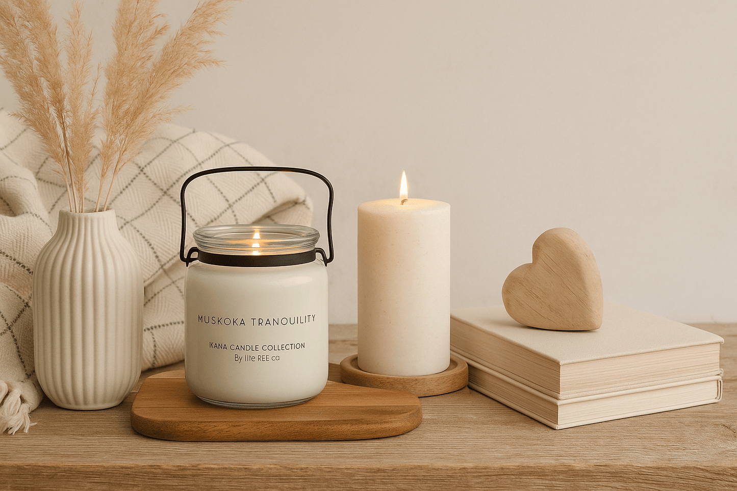 kana candle line on wood desk with books and blankets as decor