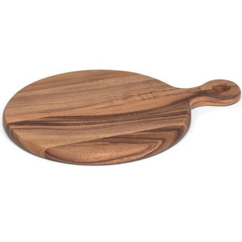 12" round acacia wood cheese board on a white background