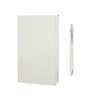 Cream-colored notebook and pen set on a white background