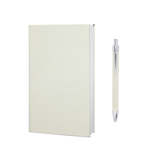 Cream-colored notebook and pen set on a white background