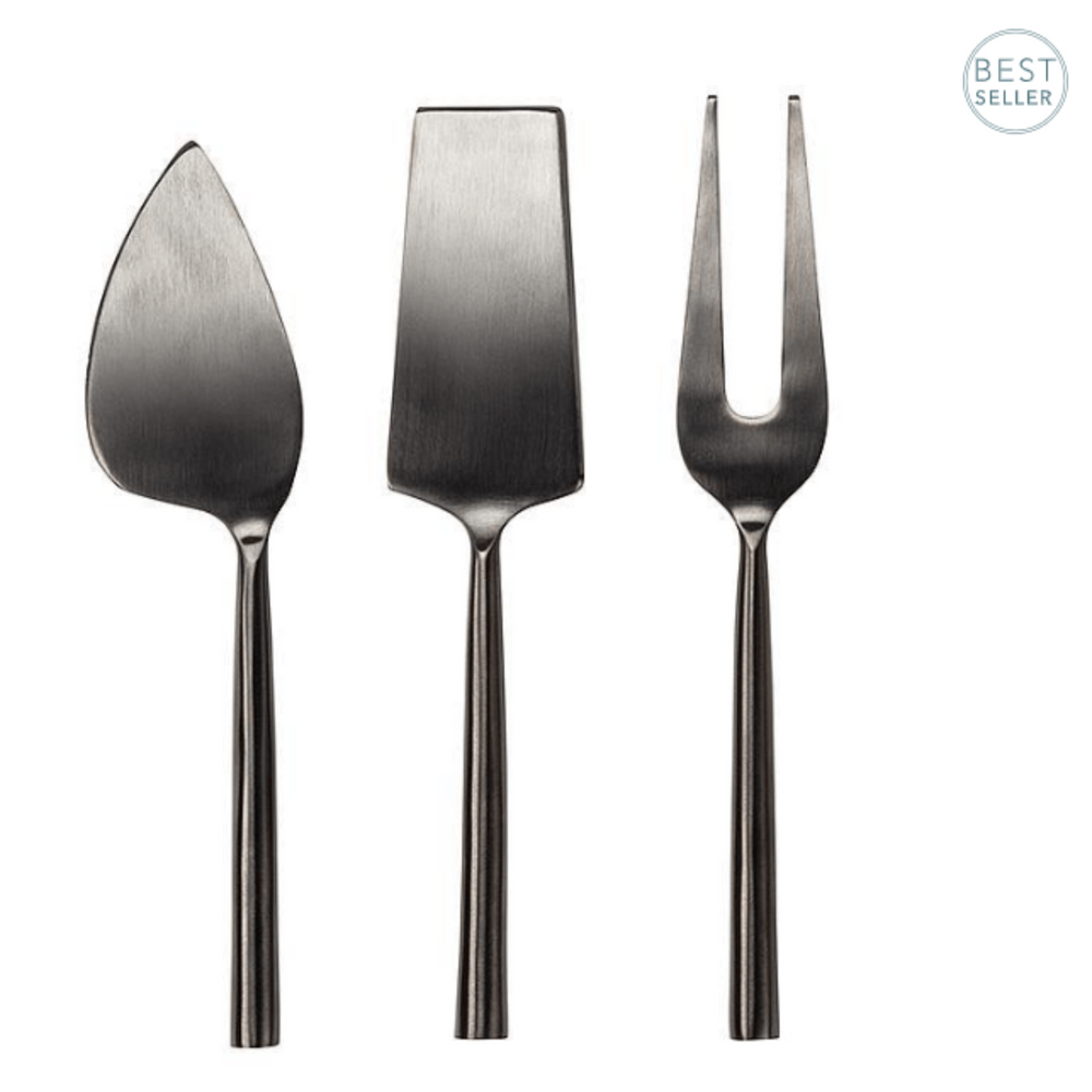 
                  
                    black stainless steel 3pc cheese knives set on white background
                  
                