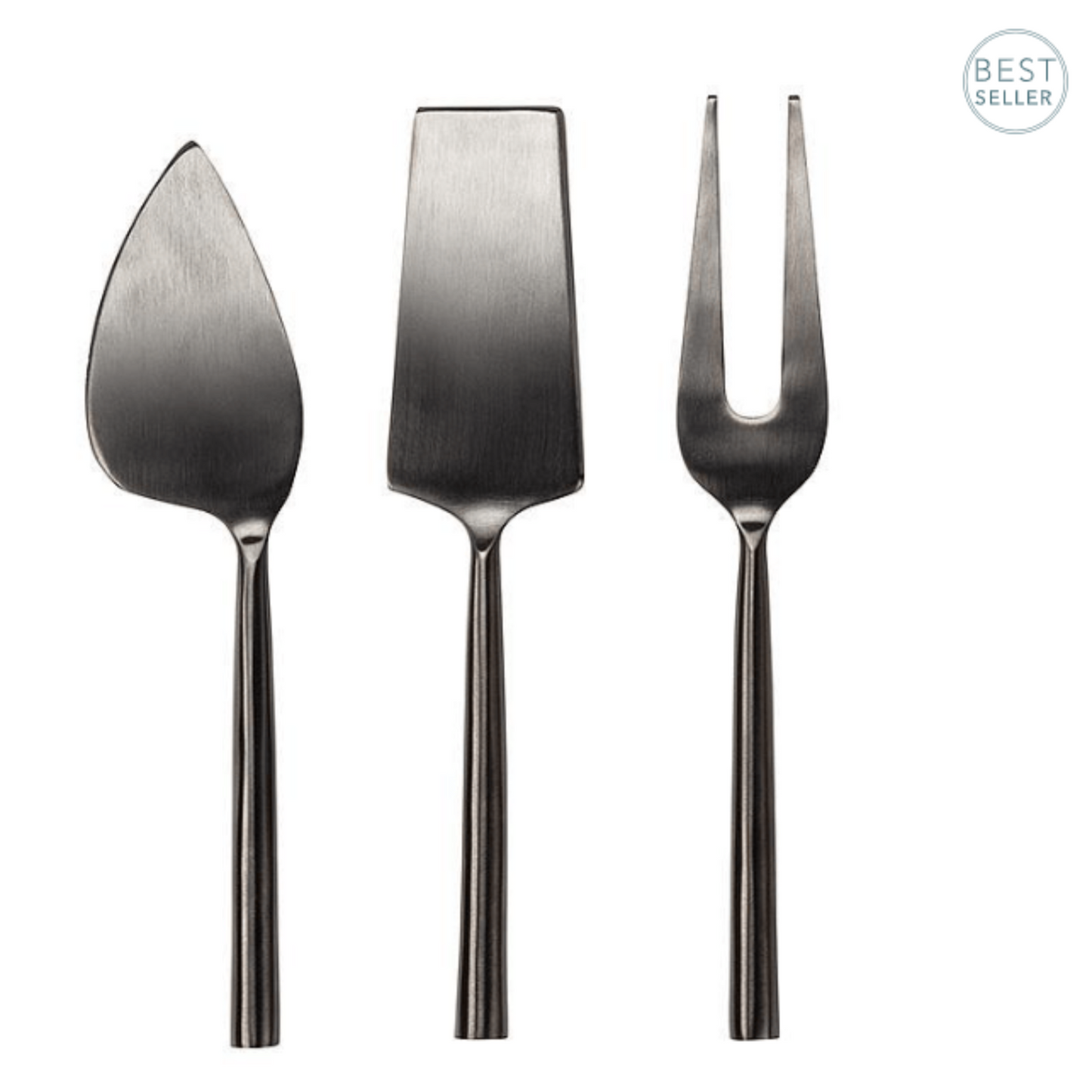 black stainless steel 3pc cheese knives set on white background