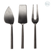 black stainless steel 3pc cheese knives set on white background
