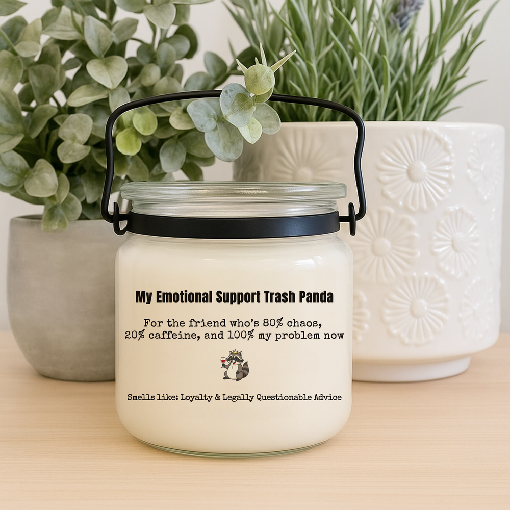 Jar labeled 'My Emotional Support Trash Panda' with plants in the background
