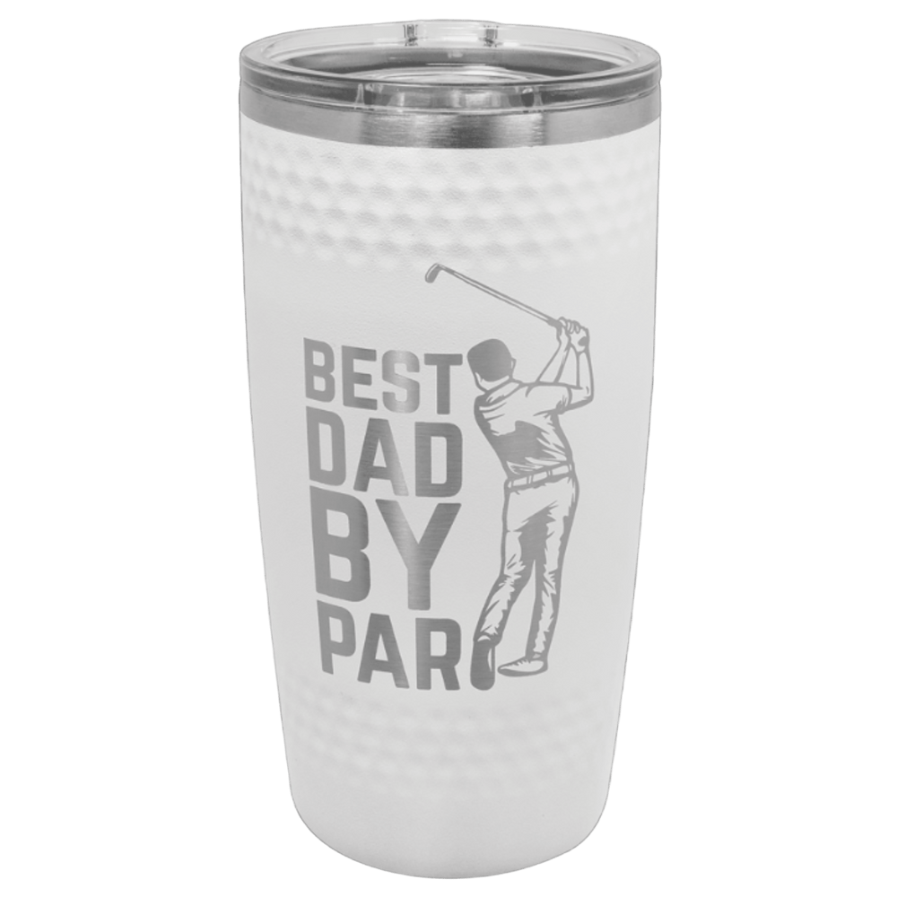 White tumbler with 'Best Dad By Par' text and golf graphic on a white background