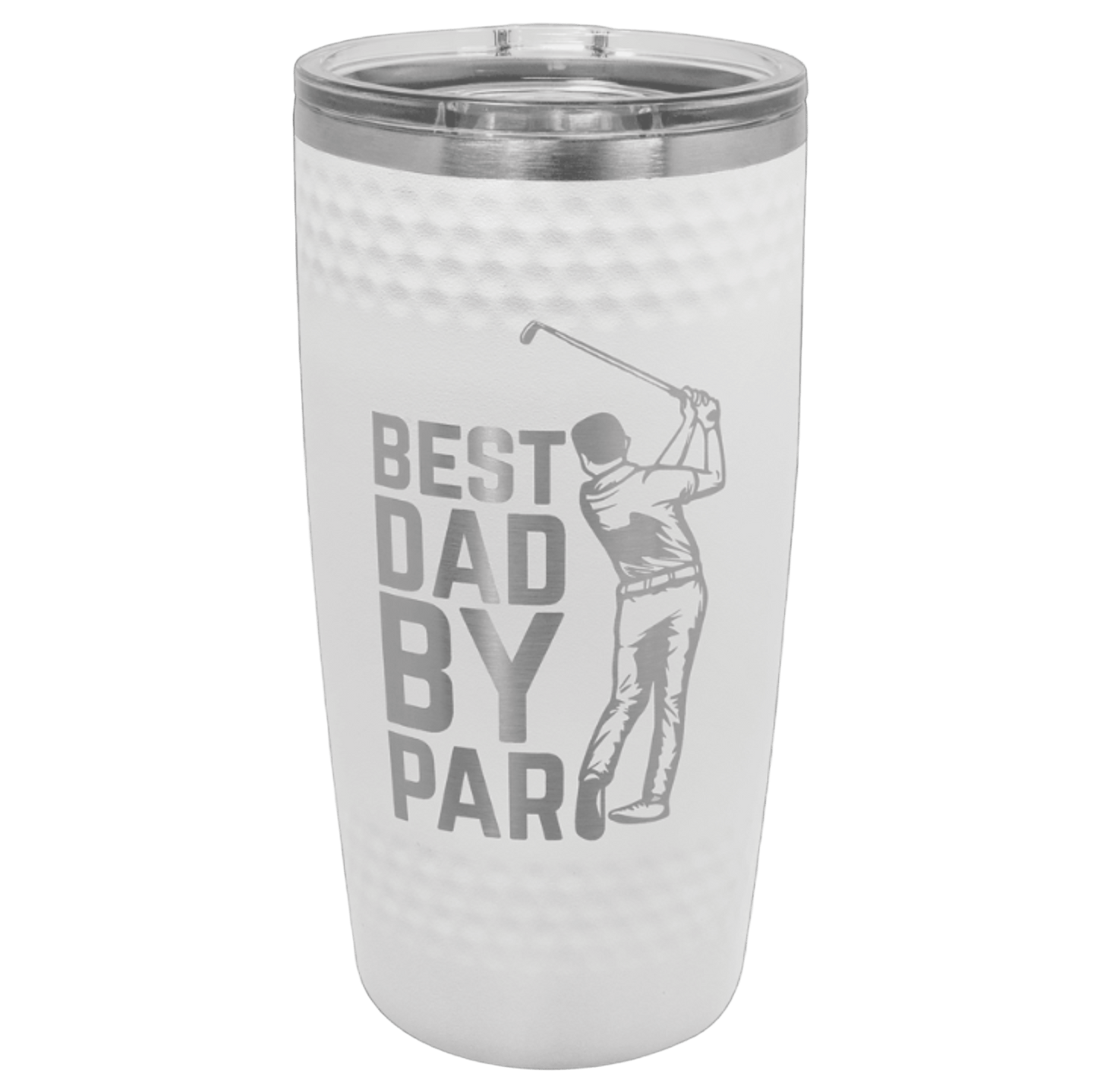 White tumbler with 'Best Dad By Par' text and golf graphic on a white background