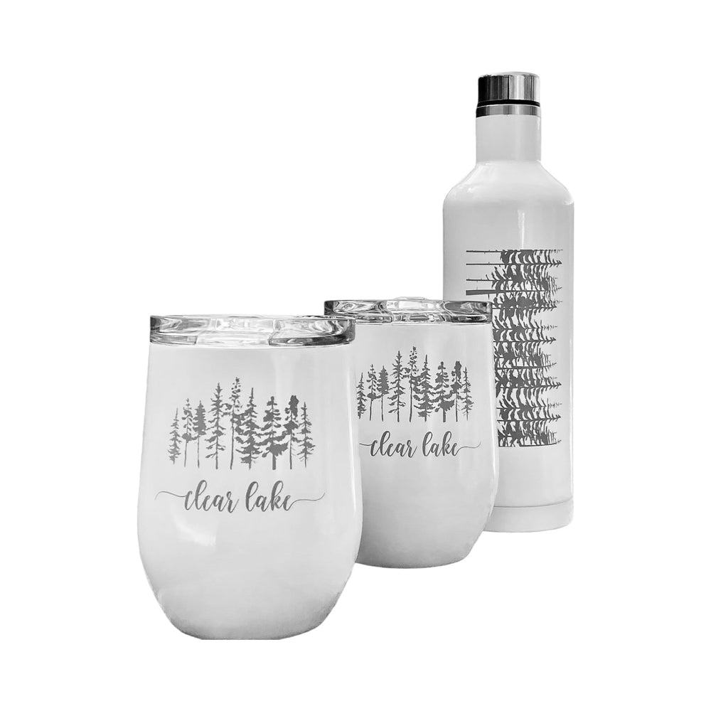 
                  
                    Engraved white stainless steel wine bottle and tumbler set . Bottle has trees and cups have trees with clear lake underneath


                  
                