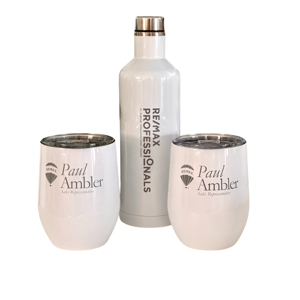 3 pc tumbler set with 2 wine tumblers and a bottle engraved with a realtors details