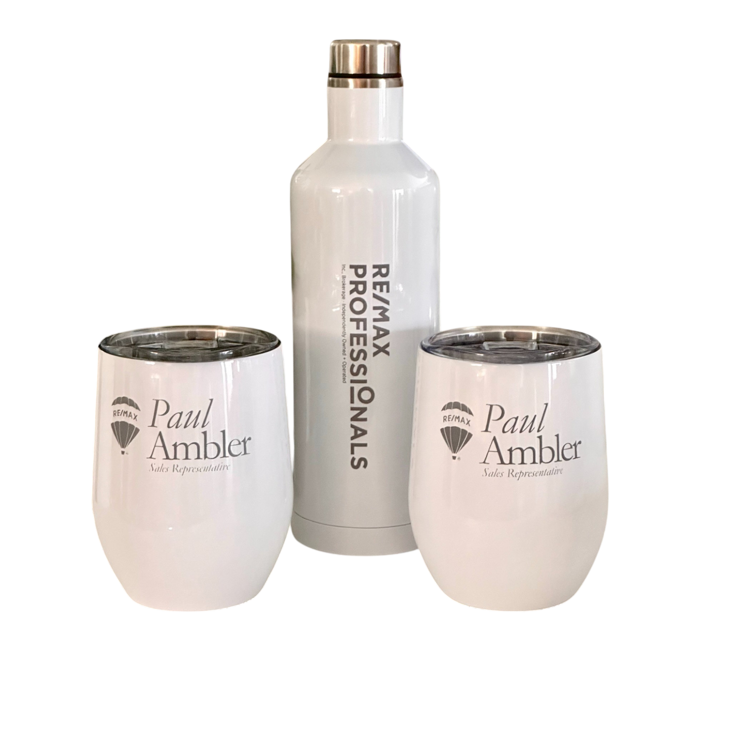 3 pc tumbler set with 2 wine tumblers and a bottle engraved with a realtors details