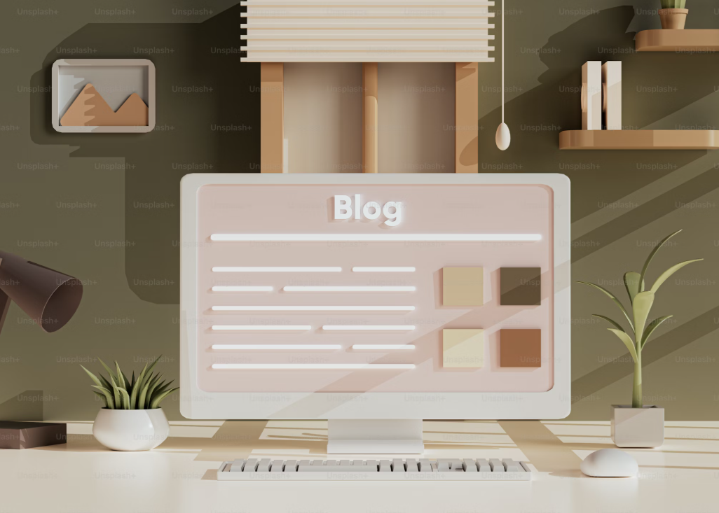 WHITE COMPUTER ON DESK WITH THE WORD BLOG ON SCREEN