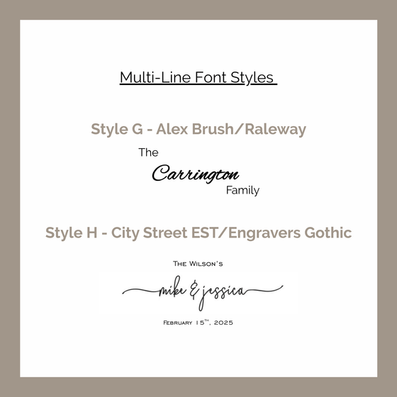 Text display of multi-line font styles with sample text 'The Carrington Family' and 'The Wilsons'.