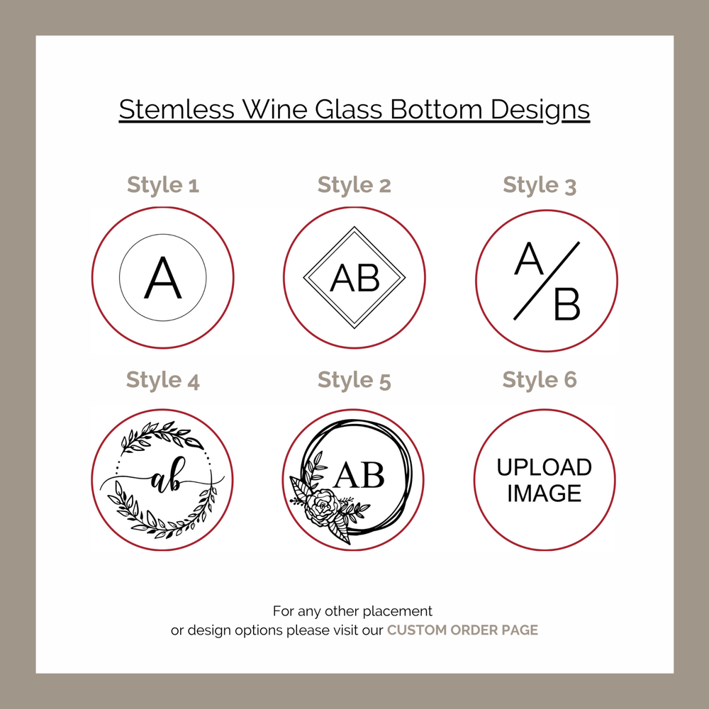 
                  
                    Stemless wine glass bottom designs with various styles on a beige background
                  
                