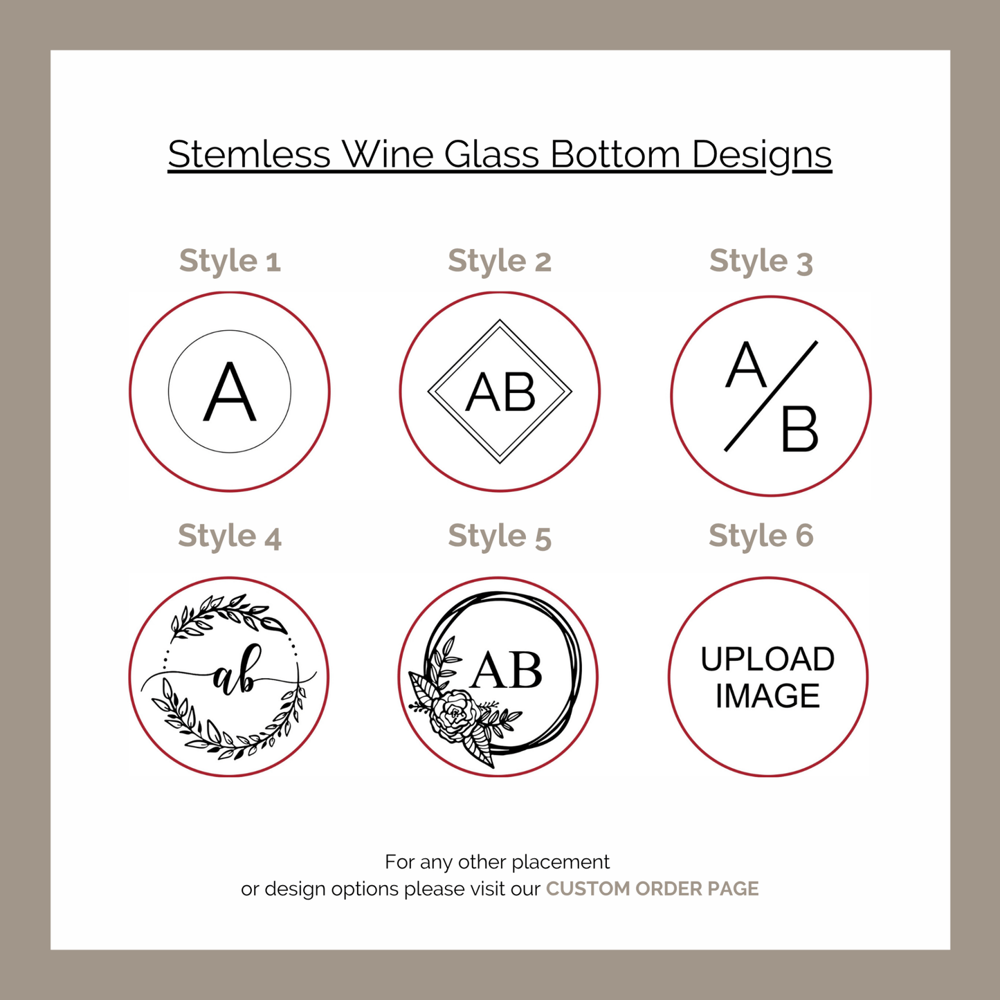 Stemless wine glass bottom designs with various styles on a beige background
