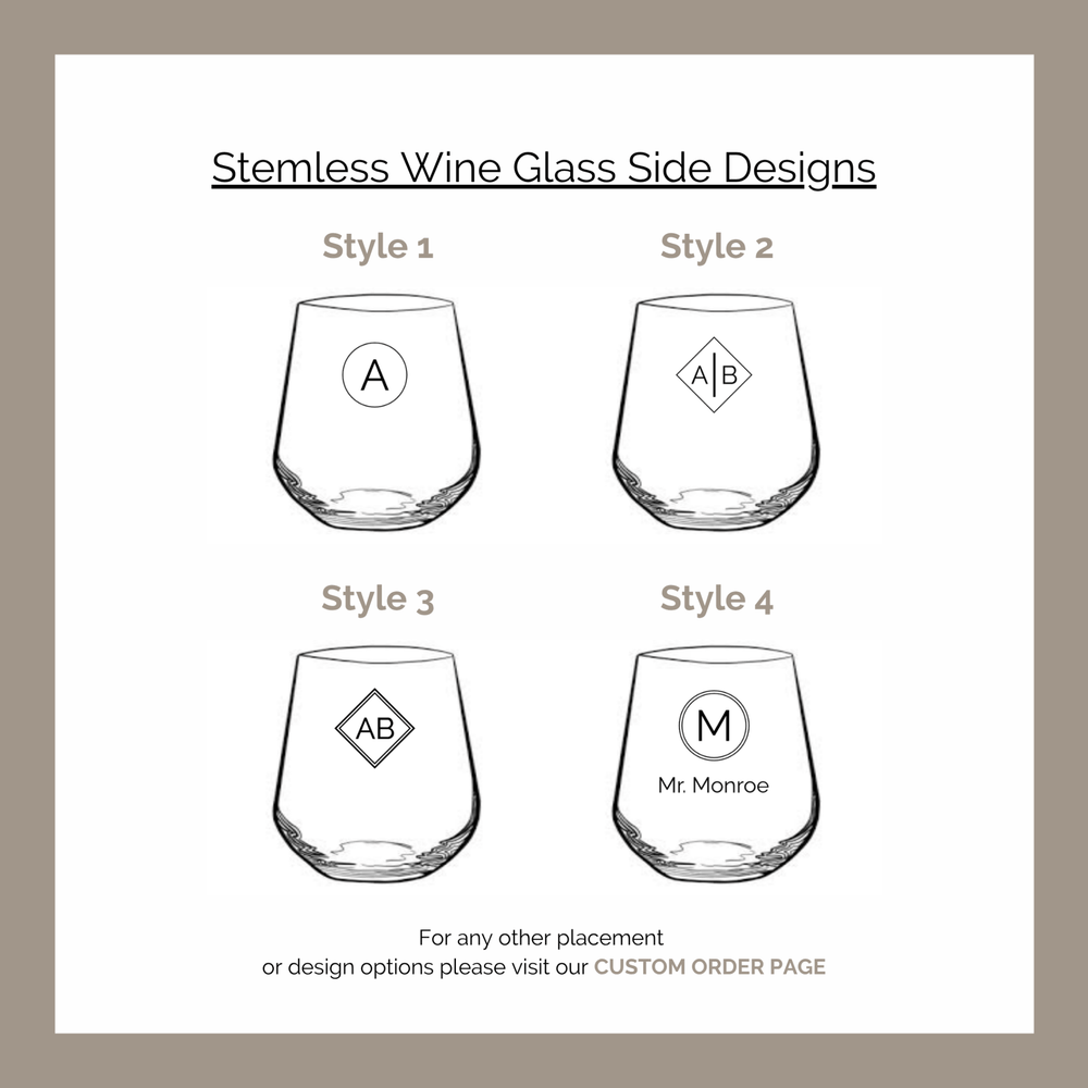
                  
                    Stemless wine glass side designs with monograms on a white background
                  
                