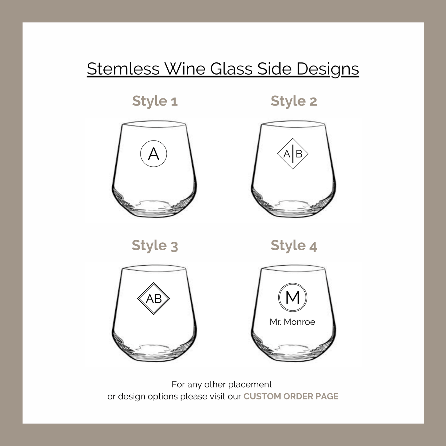 Stemless wine glass side designs with monograms on a white background