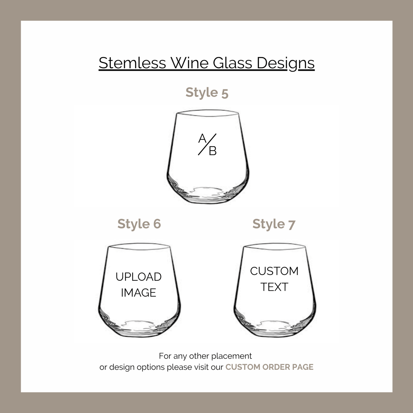 Stemless wine glass designs with text options on a light gray background