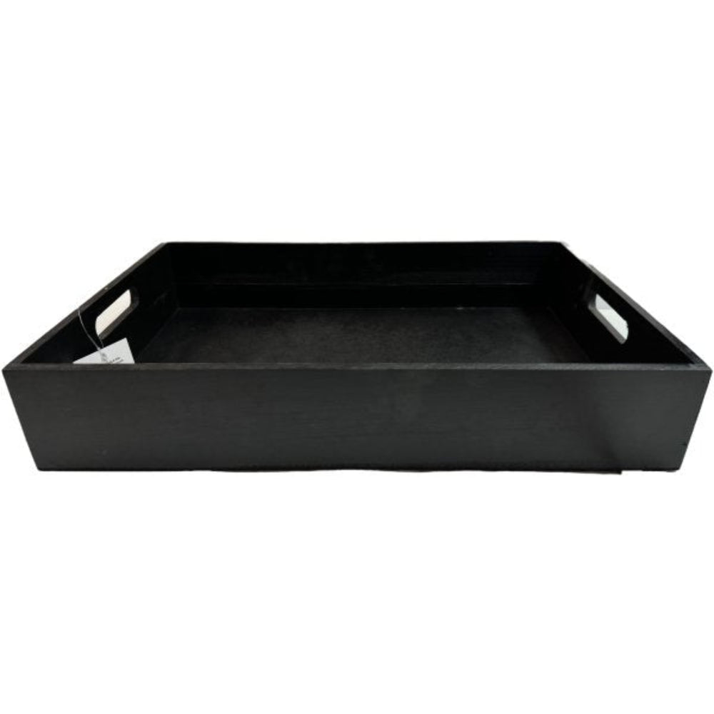 Black wooden serving tray with side cutout handles, styled on a rustic table with glassware; sleek matte finish and optional 3D name customization on front