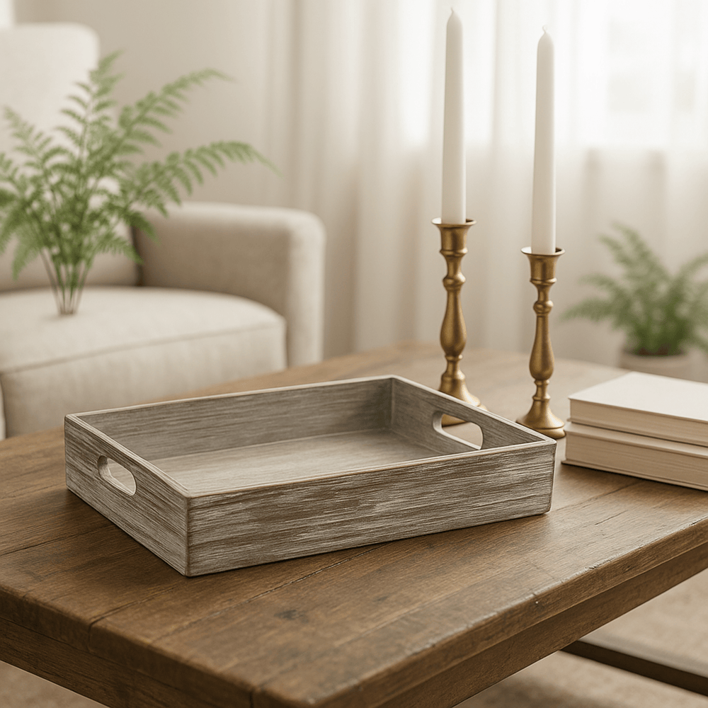 
                  
                    rectangular rustic wooden tray with cut our side handles on a wood coffee table with books and candles next to it.  
                  
                