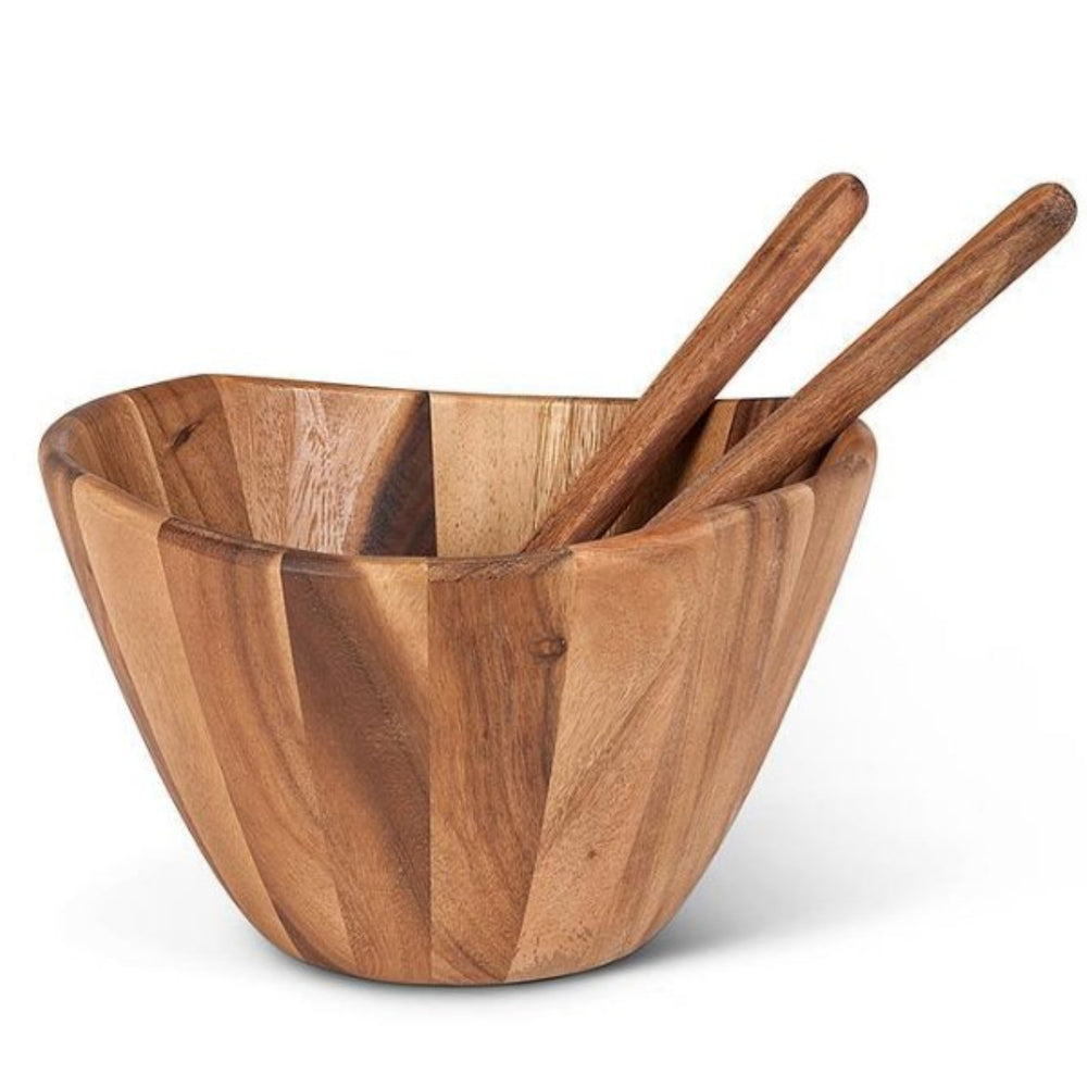 
                  
                    S10 inch Acacia salad or serving bowl for rustic entertaining wiht utensils

                  
                