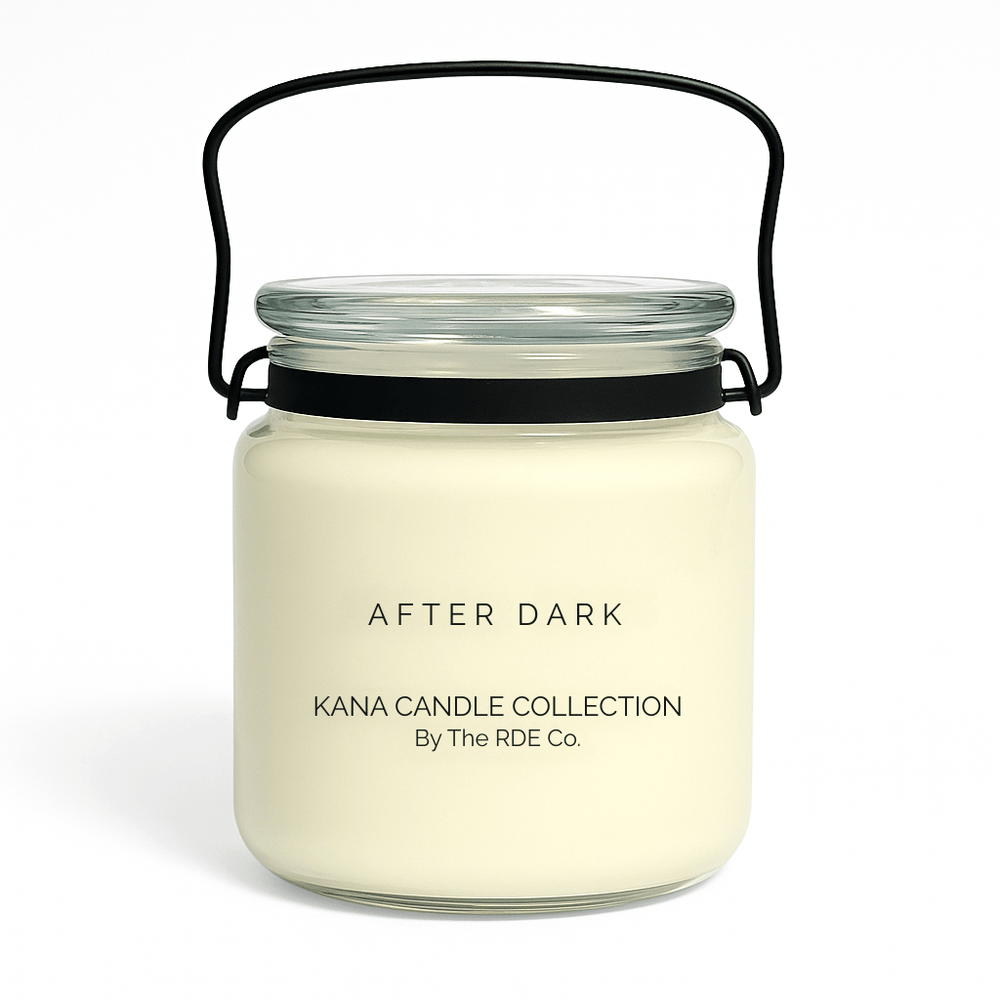 Kana Candle in After Dark, 20oz soy candle in glass jar with handle & white background