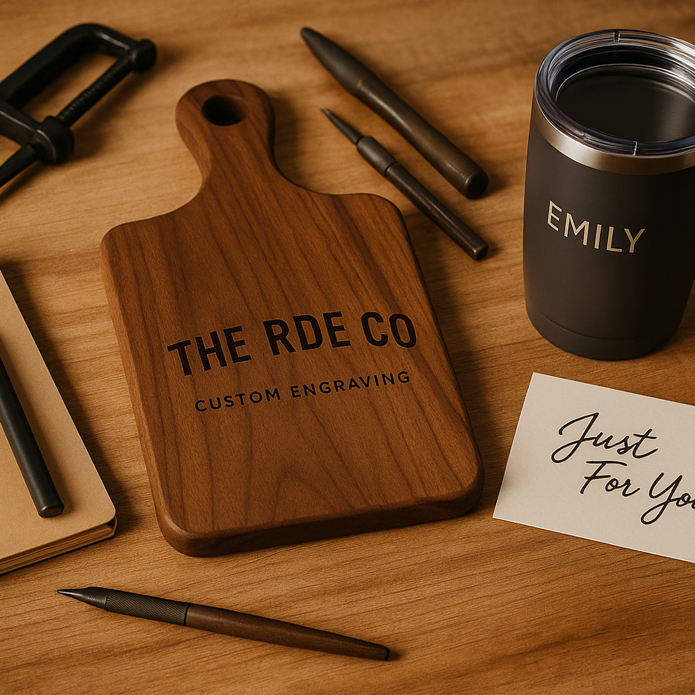 Header photo showing a variety of custom engraved gifts by The RDE Co