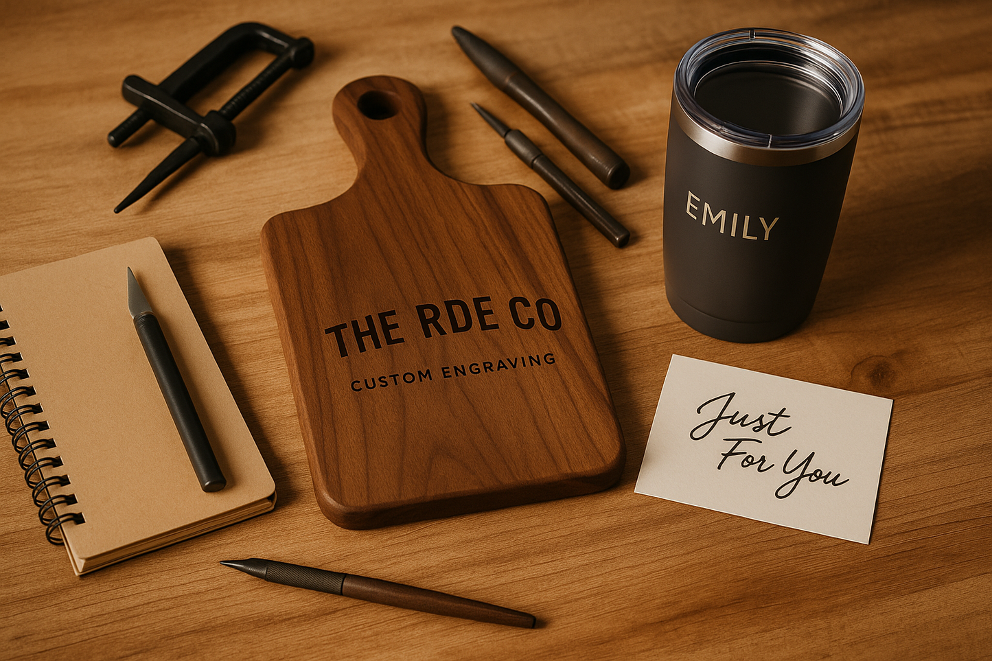 Header photo showing a variety of custom engraved gifts by The RDE Co