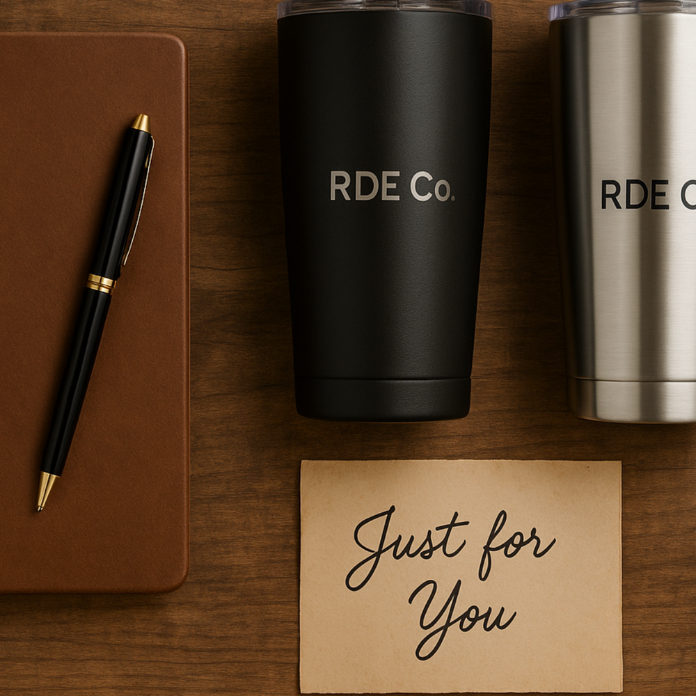Notebook, pen, black tumbler, silver tumbler, and card on a wooden surface with 'RDE Co' branding.