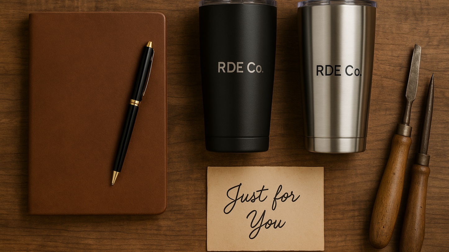 Notebook, pen, black tumbler, silver tumbler, and card on a wooden surface with 'RDE Co' branding.
