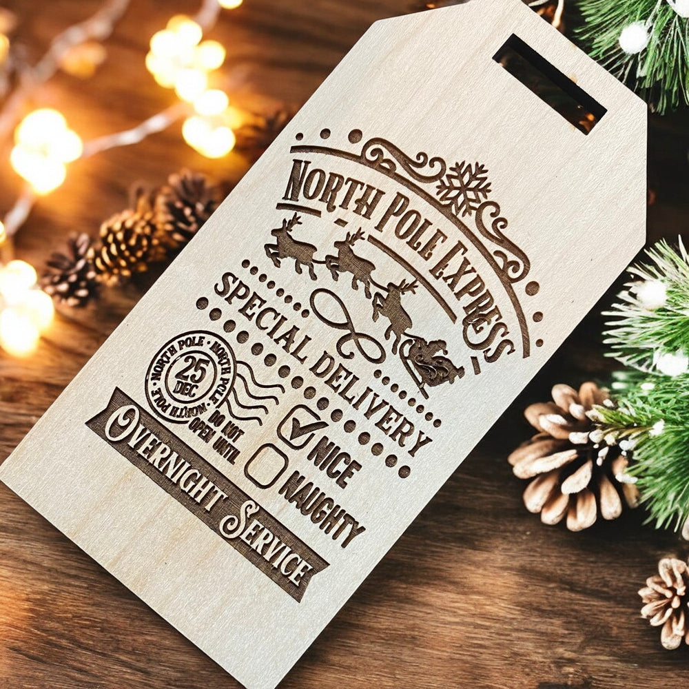 Christmas Gift Tags - Maple Wood with 5 options North Pole Express - The Red Door Engraving Company Inc.