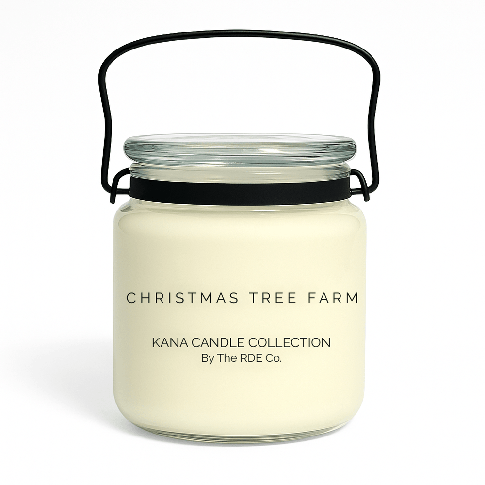 Kana Candle in Christmas Tree Farm, 20oz soy candle in glass jar with handle & white background