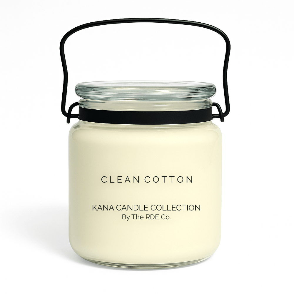 Kana Candle in Clean Cotton, 20oz soy candle in glass jar with handle & white background