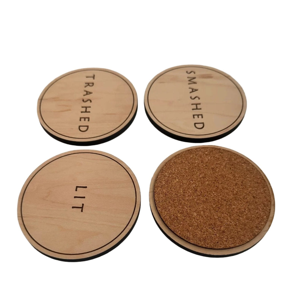 
                  
                    Drunk Expressions | Set of 4 Coasters | Maple - The Red Door Engraving Company Inc.
                  
                