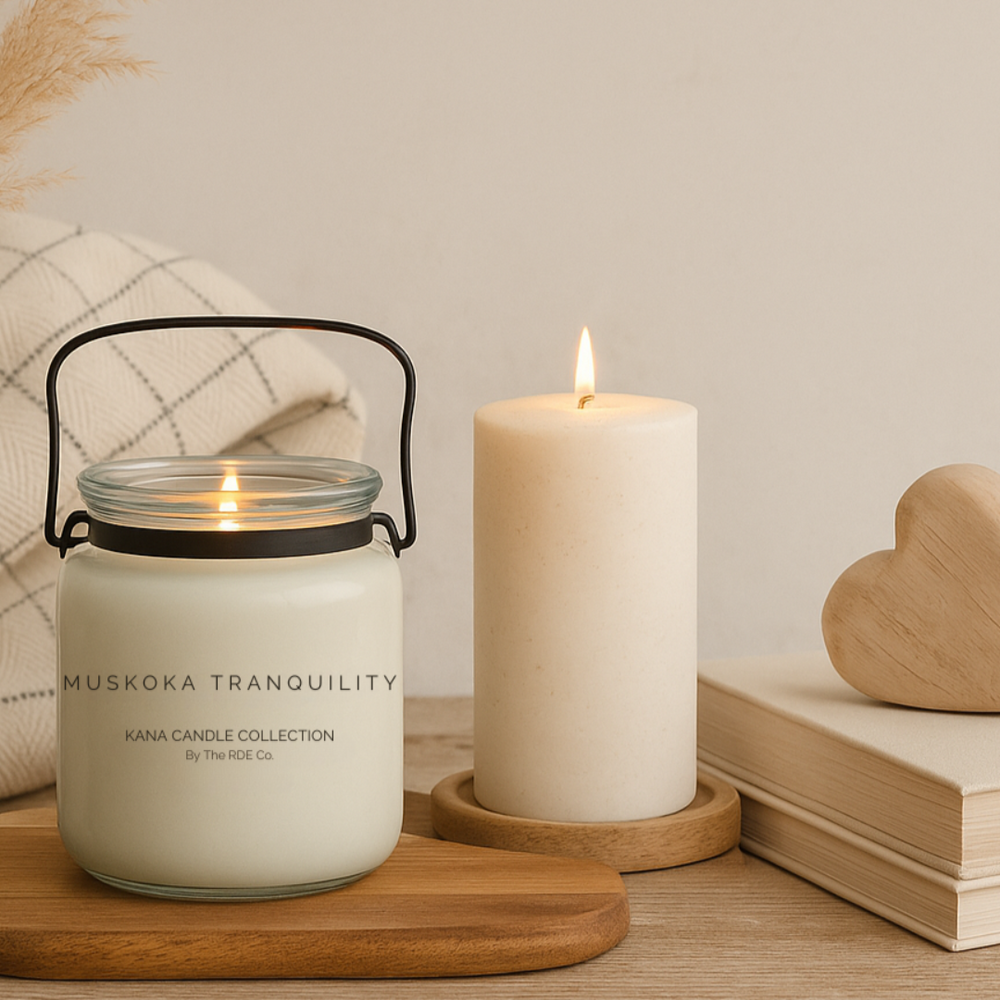 rustic wood table top with personalized kana candle and kana collection blanket on a rustic wood board