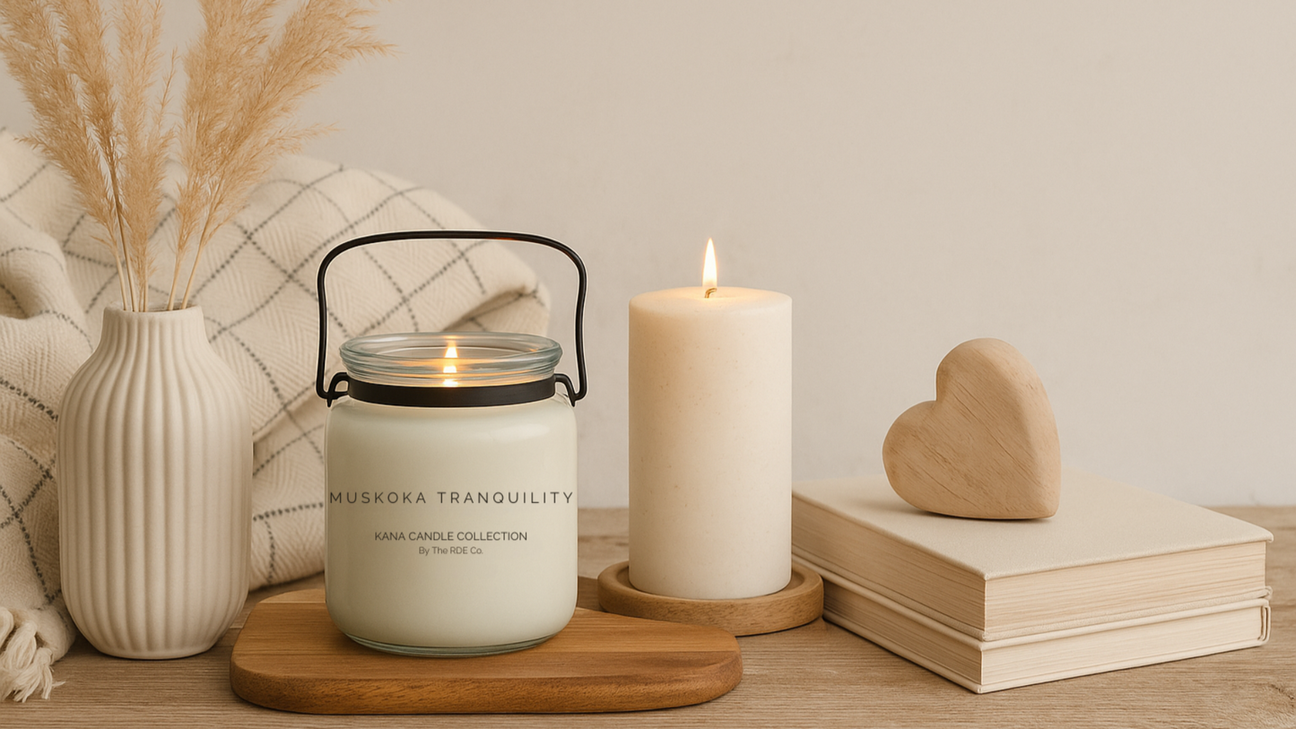 rustic wood table top with personalized kana candle and kana collection blanket on a rustic wood board