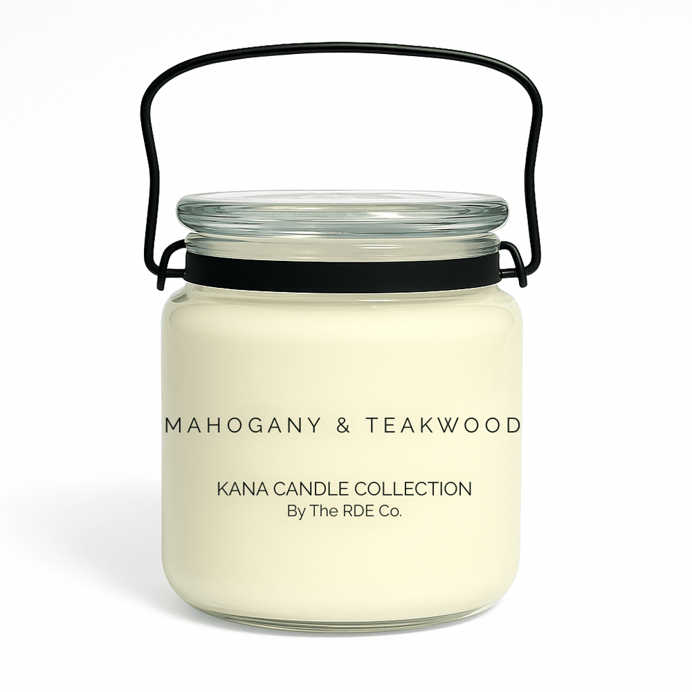 Kana Candle in Mahogany & Teakwood, 20oz soy candle in glass jar with handle & white background