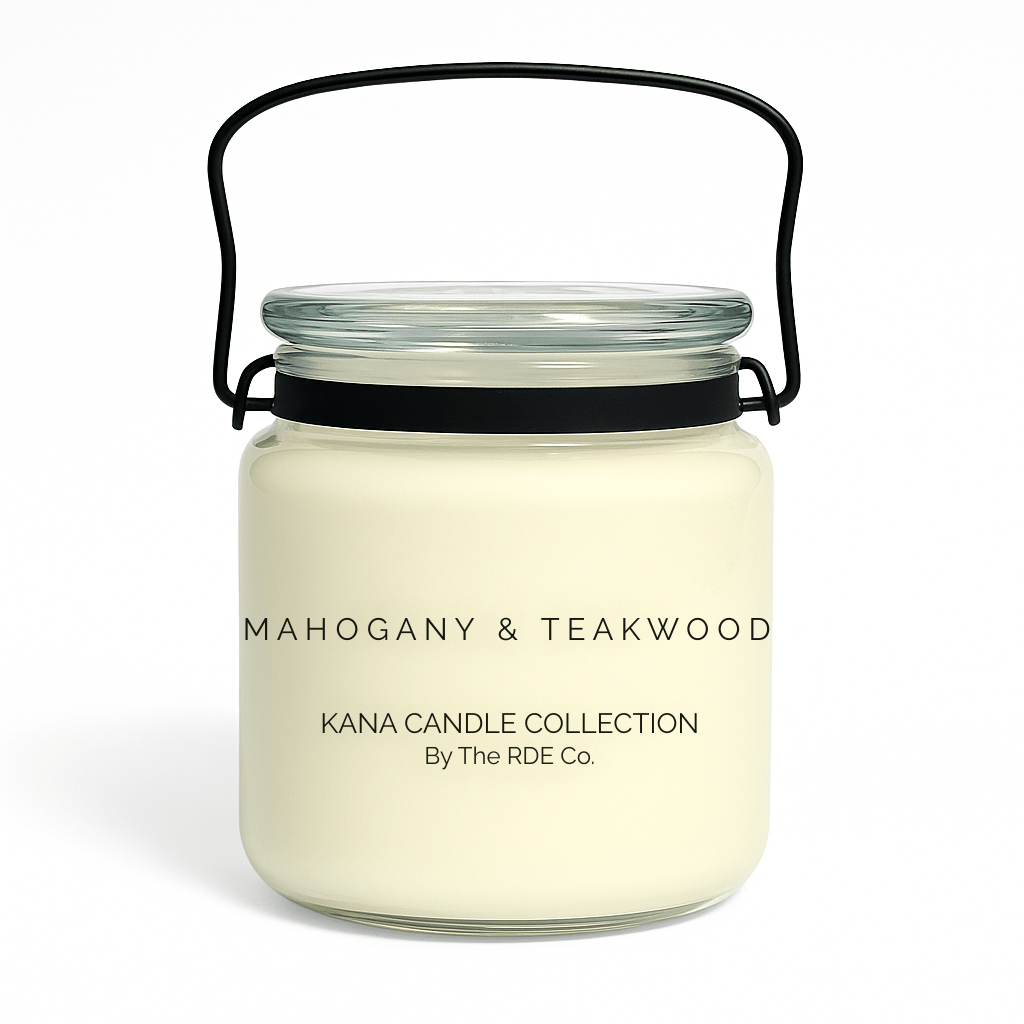 Kana Candle in Mahogany & Teakwood, 20oz soy candle in glass jar with handle & white background