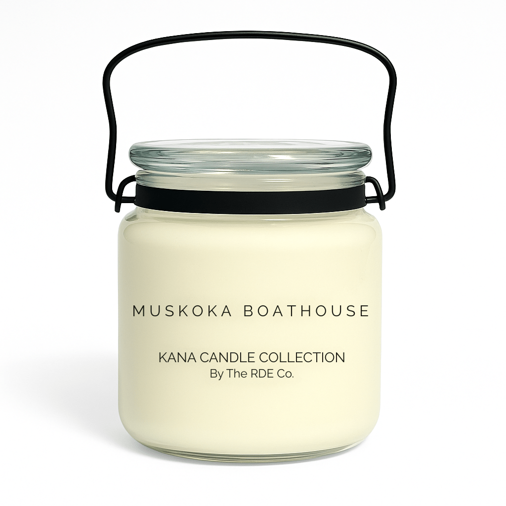 Kana Candle in Muskoka Boathouse, 20oz soy candle in glass jar with handle & white background