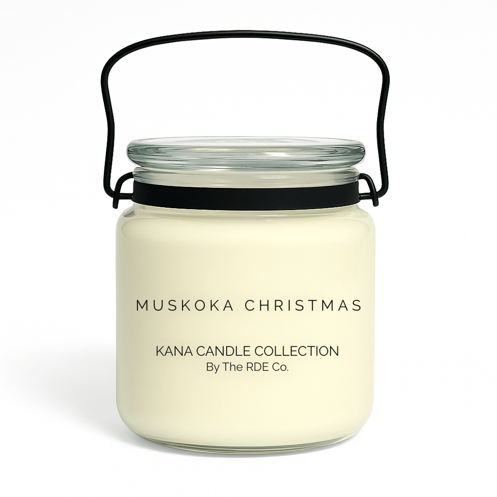 Kana Candle in Muskoka Christmas, 20oz soy candle in glass jar with handle & white background