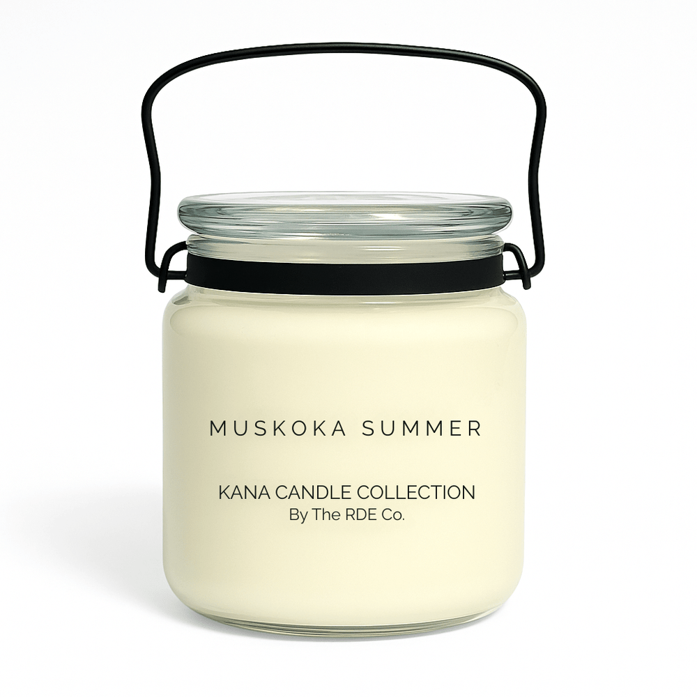 Kana Candle in Muskoka Summer, 20oz soy candle in glass jar with handle & white background