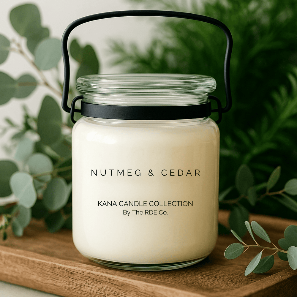Kana Candle in Nutmeg & Cedar, 20oz soy candle in glass jar with handle & Greenery background