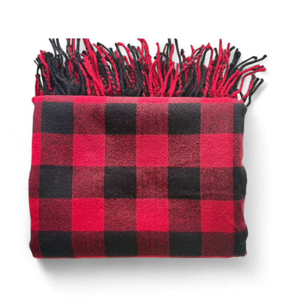 
                  
                    Red and black checkered blanket with fringes on a white background
                  
                