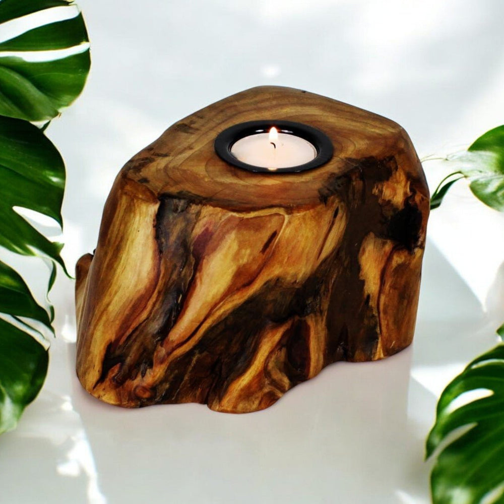 
                  
                    Single Live Edge Root Wood Candle Holder on white surface with palm leaves.
                  
                