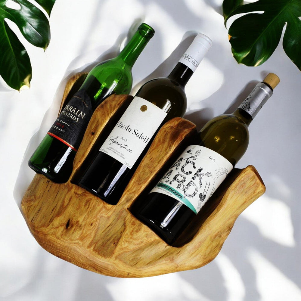 
                  
                    Triple Live Edge Root Wood Wine Holder - The Red Door Engraving Company Inc.
                  
                