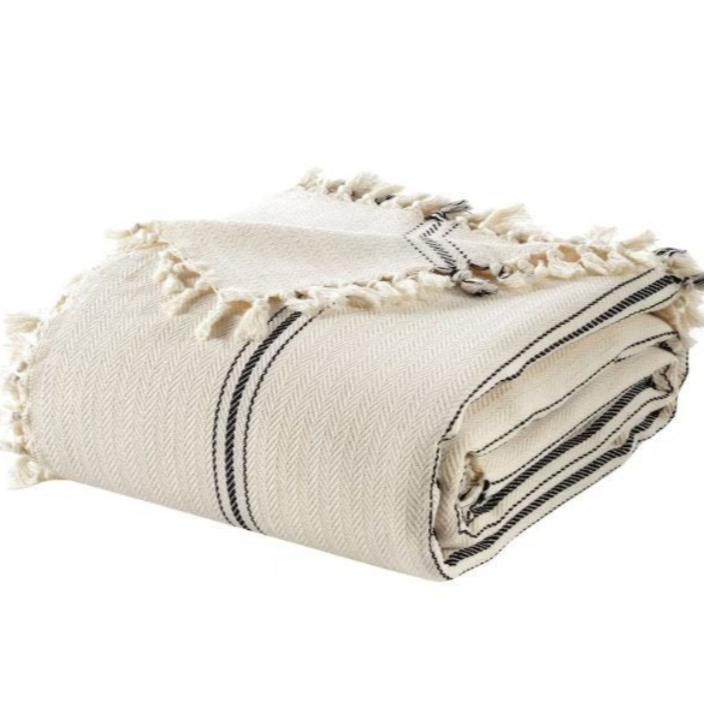 Turkish Throw Blanket in |vory & Ebony Stripe with tassels neatly folded