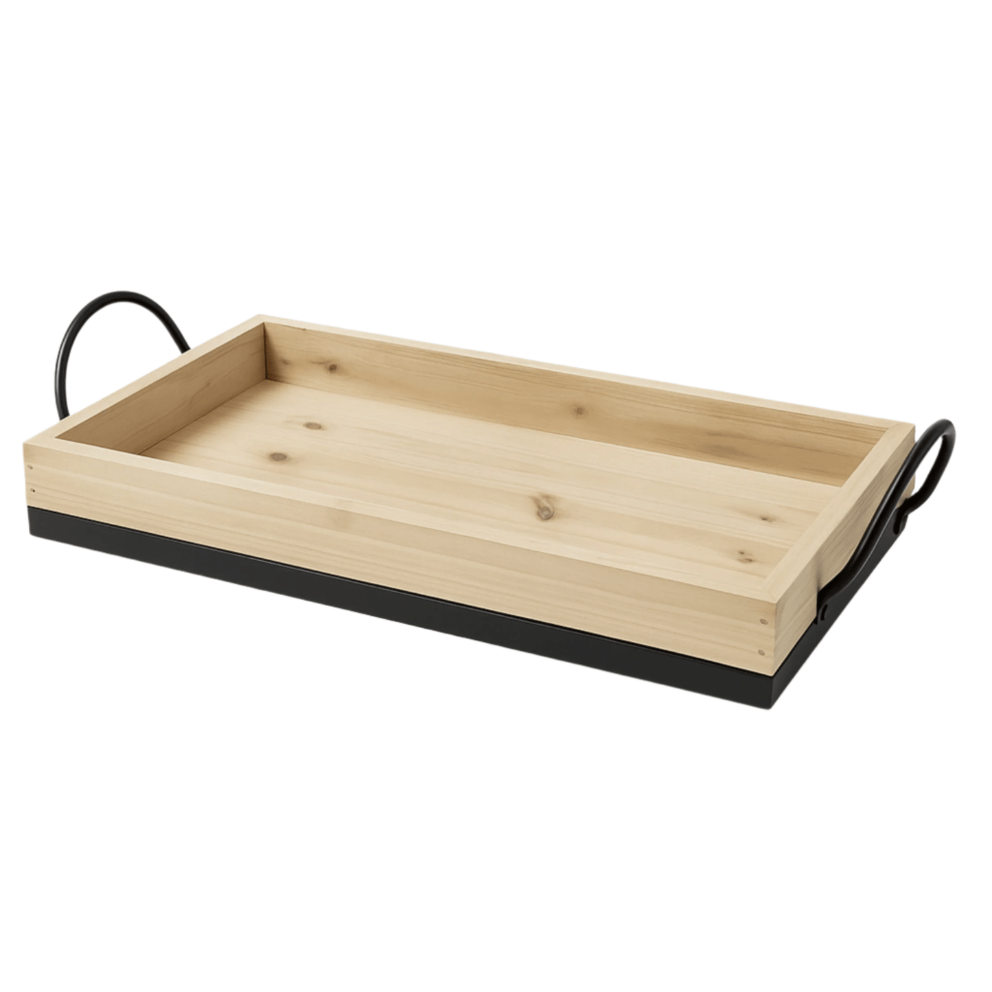 a light wood rectangular tray with black metal base and side handles on white background