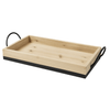 a light wood rectangular tray with black metal base and side handles on white background