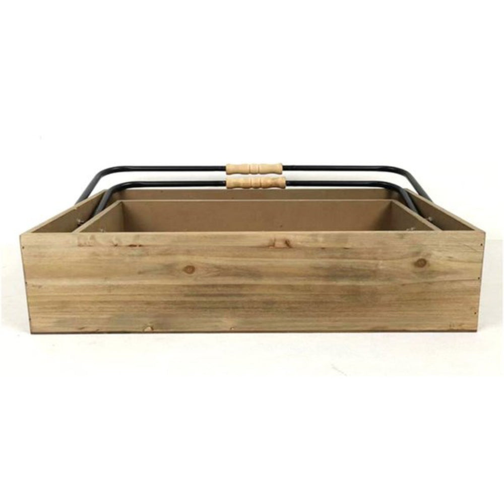 Wooden Tray with Folding Metal and Wood Handle 
