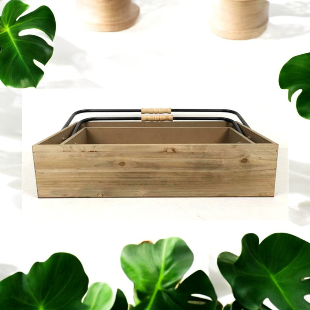 
                  
                    Wooden Tray with Folding Metal and Wood Handle on white background with greenery around
                  
                