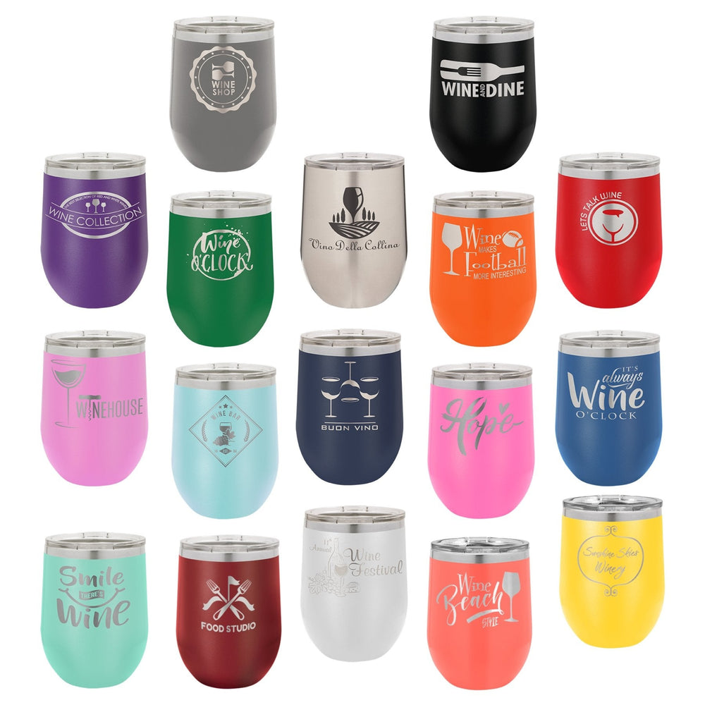 
                  
                    17 colour options - Personalized laser engraved 12oz Stemless Polar Camel Wine Tumblers engraved detailing
                  
                