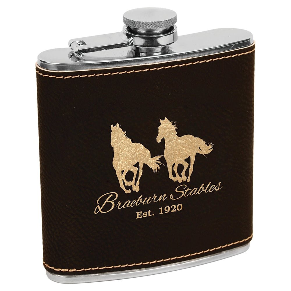 
                  
                    Personalized Laser Engraved 6oz Leatherette Flask Black/Gold 
                  
                